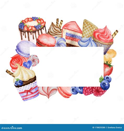 Watercolor Sweet Deserts Frame Border With Cream Waffle Cake