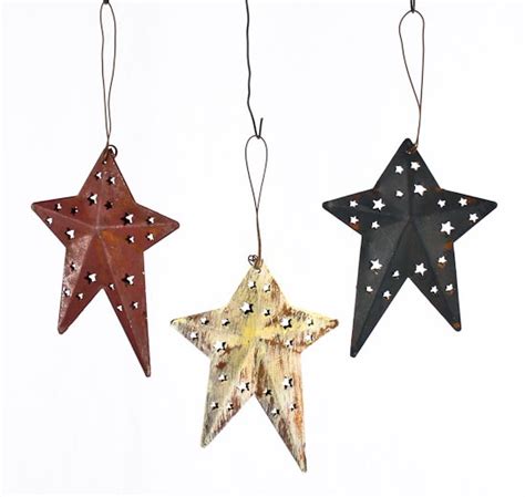 Primitive Painted Metal Stars With Star Cutout Ornaments 12 Pcs