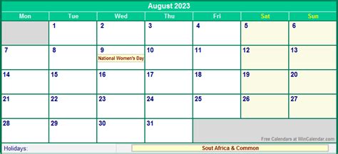 August 2023 South Africa Calendar With Holidays For Printing Image Format
