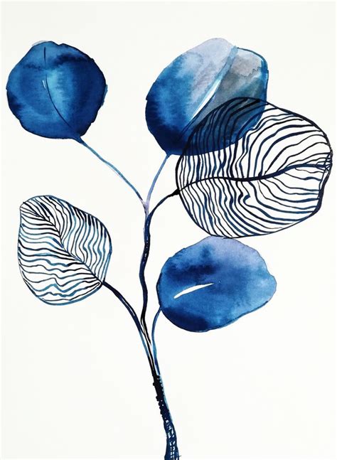 Indigo Blue Eucalyptus Mini Art Print By Myartspace Aquarela Floral