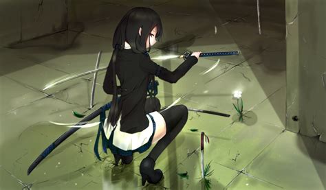 Wallpaper Anime Girls Weapon Stockings Jacket Katana Thigh Highs Dark Hair Skirt Sword