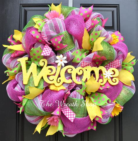 Springsummer Welcome Wreath In Pink Green Yellow Mesh