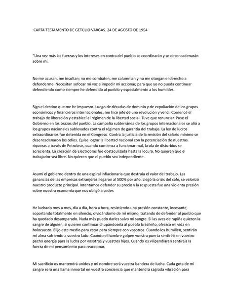 Carta Testamento DE Getúlio Vargas CARTA TESTAMENTO DE GETÚLIO VARGAS DE AGOSTO DE