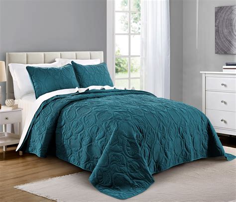 Quilt Set Fullqueen Size Teal Oversized Bedspread Soft Microfiber