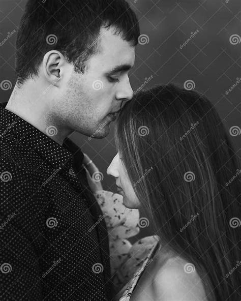 Close Up Sensual Portrait Of Young Kissing Couple In Love Black And