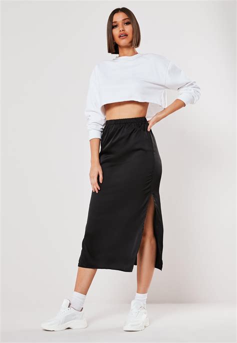 black satin double split midi skirt | Missguided