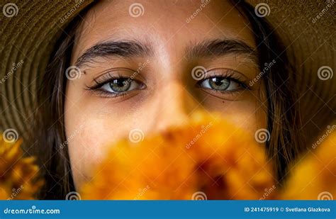 portrait beautiful eyes girl face covered flowers stock image image of eyes bright 241475919