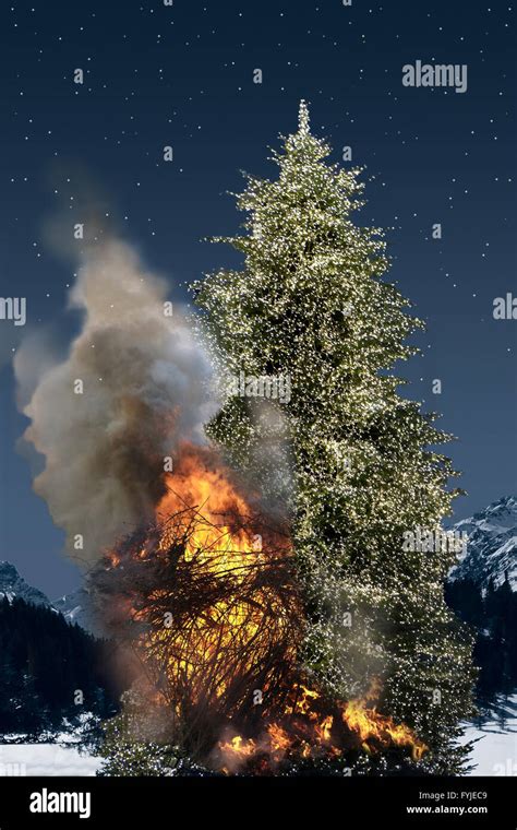 Christmas Tree In Flames Stock Photo Alamy