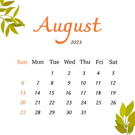 Calendar August 2023 With Leaves Calendar August 2023 August 2023