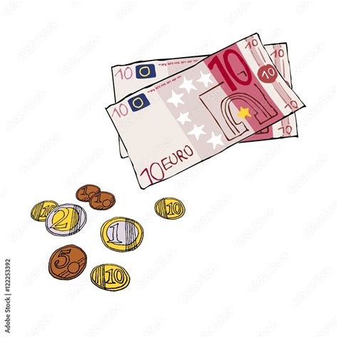 Geld 10 Euro Scheine Münzen Wechselgeld Handgezeichnet Illustration