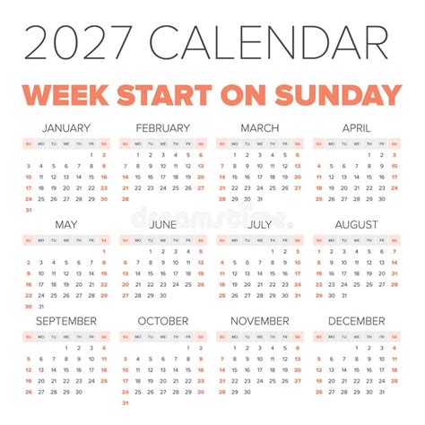 2027 Calendar With The Weeks Start On Monday Stock Vector