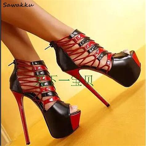 Red Black Sexy Woman Platform Pumps Dress Shoes Peep Toe Thin Heels
