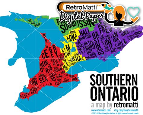 Southern Ontario Typography Map Printable Color Retromatti Made And