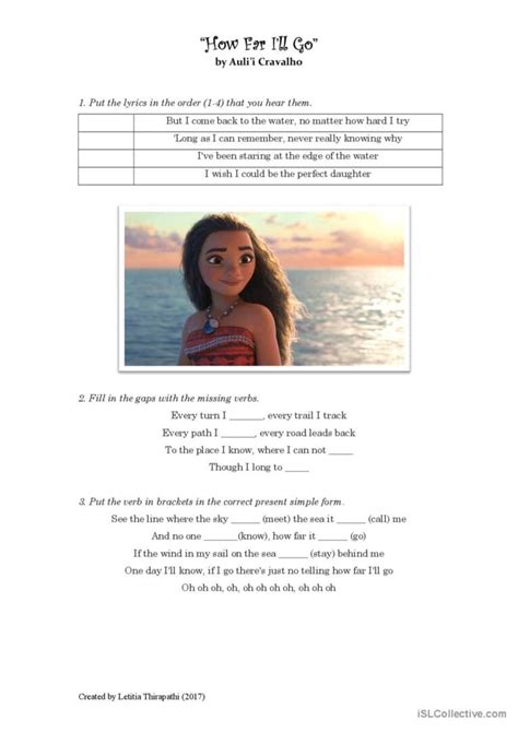 How Far Ill Go Moana Song And Nu English Esl Worksheets Pdf And Doc