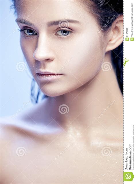 Beautiful Woman Face Portrait Close Up On Blue Stock Image Image Of