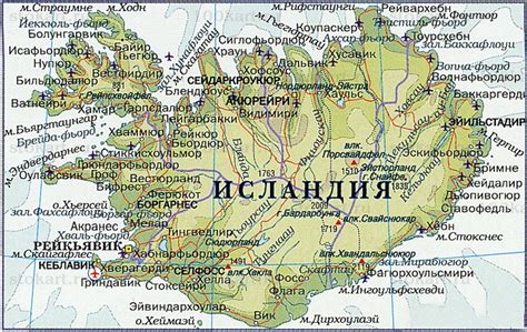Карта Исландии с отелями и достопримечательностями на русском языке