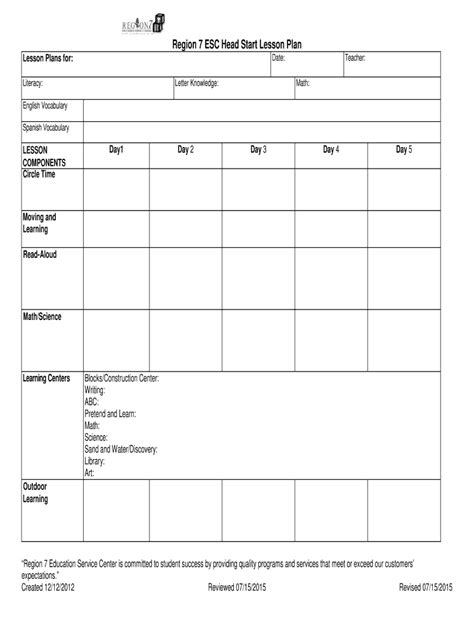 Head Start Lesson Plan Template Fill And Sign Printable Template Online