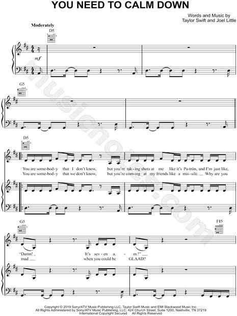 Taylor Swift You Need To Calm Down Sheet Music In D Major Transposable Download Print