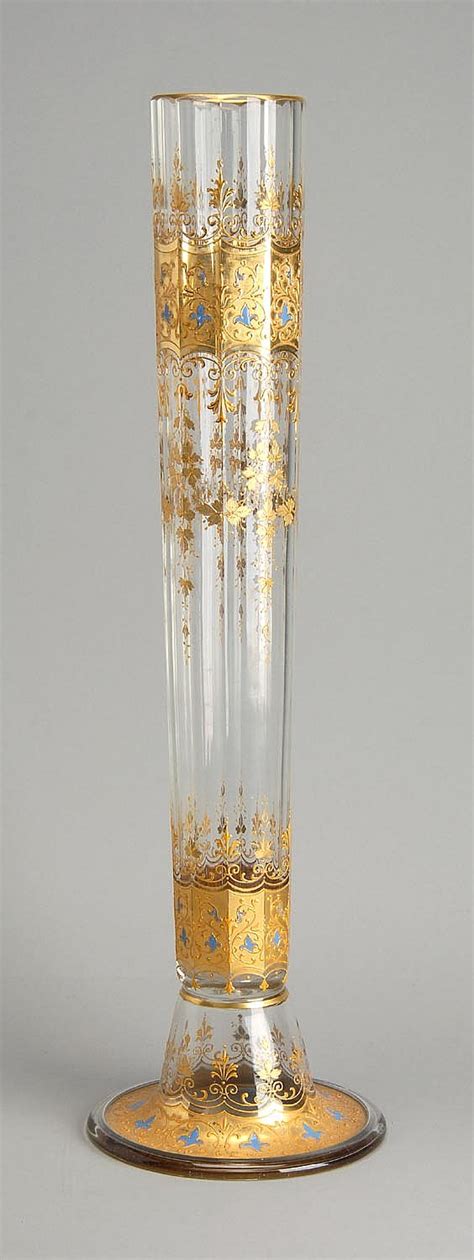 Lot Tall Panel Cut Art Glass Vase Attributed To Moser With Heavy Gilt Floral Decoration And