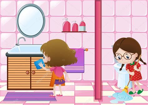 To clean your bathroom, start by taking out all of the removeable items, like towels, rugs, and toiletries. Two kids cleaning bathroom together — Stock Vector © brgfx ...