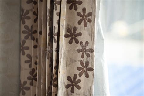 Brown Floral Curtains And Light Coming From The Windows Stock Image