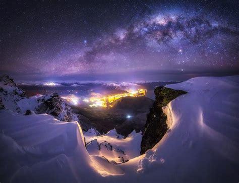 Landscape Nature Milky Way Galaxy City Starry Night Mountain
