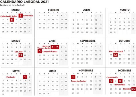 12 octubre fiesta nacional de españa 31 octubre horario de invierno 1 noviembre fiesta de todos los santos 9 noviembre almudena 6 diciembre día de la constitución 8 diciembre la inmaculada concepción 25 diciembre natividad del señor. Calendario laboral de Euskadi 2021 con festivos | El ...