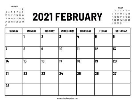 2021 February Calendar Calendar Options