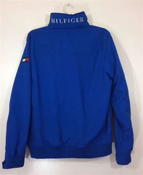 Tommy Hilfiger Spellout Flag Mens Large Jacket Hidden Hood Blue Logo