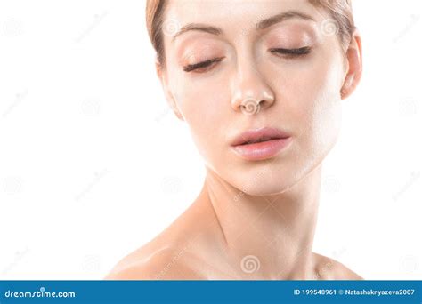Beautiful Female Face With Closed Eyes And Hair Up Close Up Caucasian