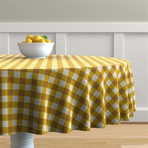 Round Tablecloth Plaid Rustic Yellow Texture Gingham Cotton Sateen
