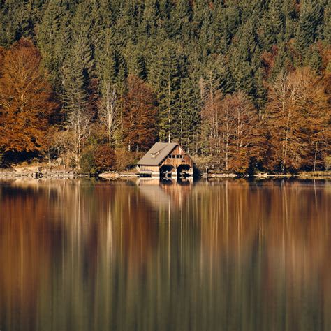 Download Wallpaper 2780x2780 House Forest Lake Reflection Autumn