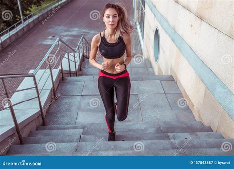 Tanned Woman Fitness Instructor Girl Running Upstairs Jump Athlete