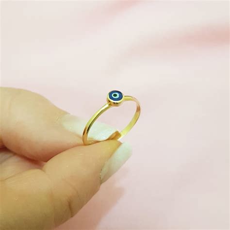 K Real Solid Yellow Gold Evil Eye Ring For Women Turquoise Or Navy Blue