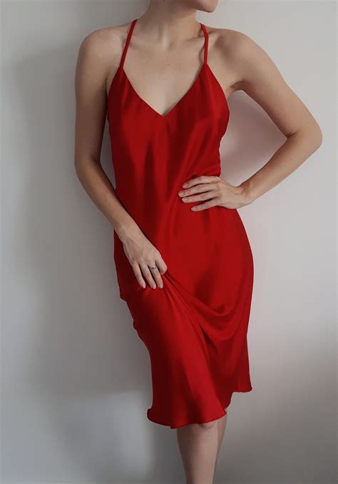 Red Silk Satin Midi Dress Red Slip Dress Silky Boudoir Dress Etsy