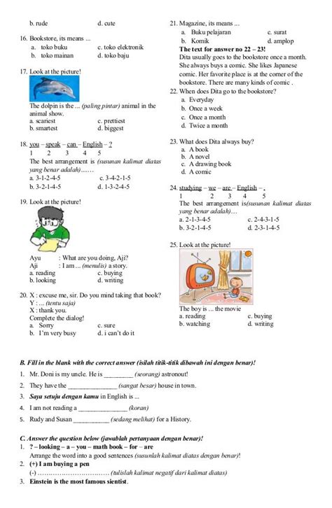 Download Soal Bahasa Inggris Kelas 2 Semester 1 Dan Kunci Jawaban