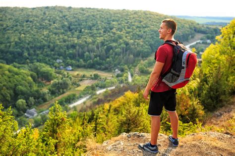 Men Walk Along The Hill With Backpack Stock Image Image Of Extreme