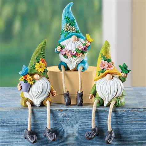 Floral Gnomes With Dangling Legs Decorative Figurines Set Of 3