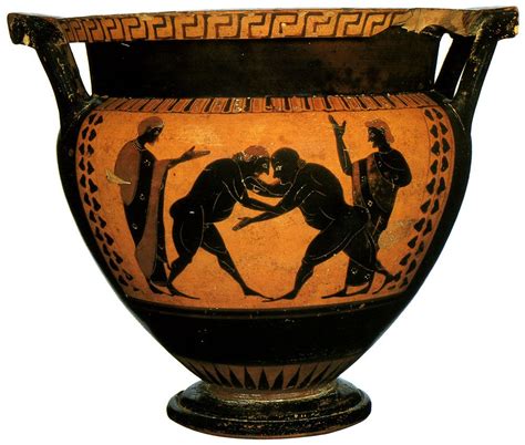Wrestlers And Paidotribes Black Figure Column Crater Attic By The