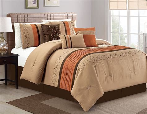 Queen Cal King Brown Tan Spice Embroidered Striped 7 Pc Comforter Set