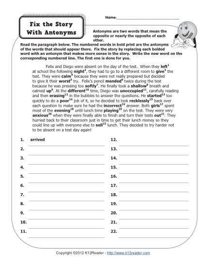 Fix the Story With Antonyms | 4th Grade Antonym Worksheets | Antonyms ...