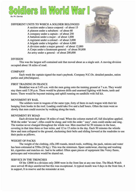 The Soldiers In World War 1 Facts And Information Free Worksheet