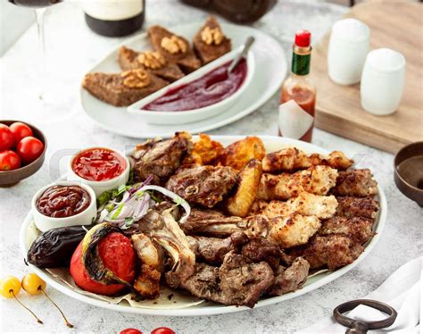 Azerbaijani Kebab Platter With Lamb Chicken Vegetable Kebabs Stock