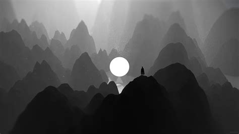 1920x1080 Black And White Moon Man Standing On Mountain