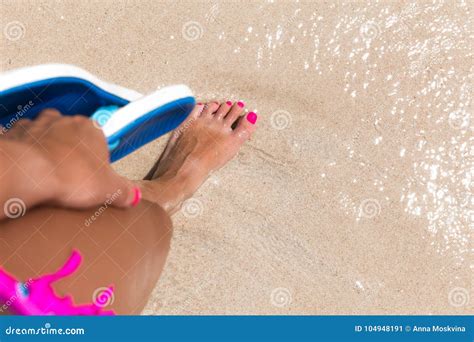 Woman Legs Stands In Sea Water On A Tropic Beach Stock Image Image Of