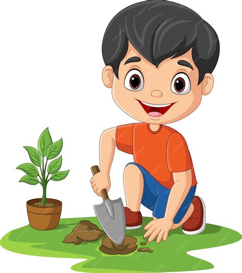 Premium Vector Cute Little Boy Planting Plants In The Garden