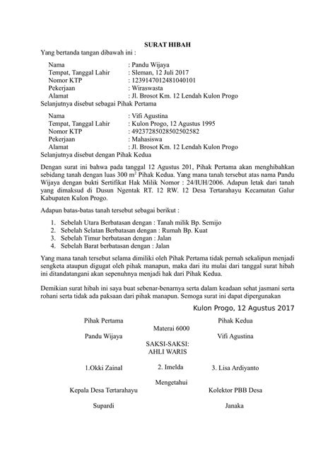 Pihak pertama menghibahkan sebidang tanah kepada pihak kedua dengan luas tanah / bangunan 100 m2 (seratus meter persegi) yang berlokasi di jl.dharmaputra documents similar to contoh surat keterangan hibah tanah. Contoh surat hibah tanah | Surat wasiat, Surat, Cv kreatif