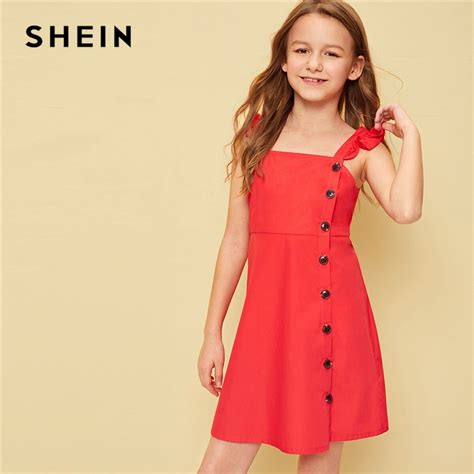 Shein Kiddie Red Solid Buttoned Front Ruffle Strap Cute Dress Children