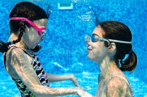 Children Swim Pool Underwater Happy Active Girls Goggles Have Fun Under