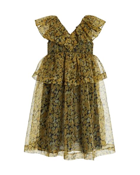 Ganni Floral Print Organza Midi Dress In Yellow Lyst
